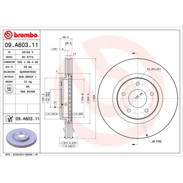 brembo UV Coated Series Vented Front Brake Rotor 09.A603.11