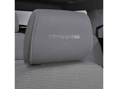 GM 84471264 Cloth Headrest in Medium Ash Gray with Embroidered Traverse Script and Light Ash Gray Stitching