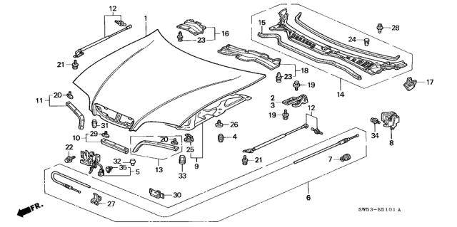 1996 Acura TL Rubber, Hood Seal Diagram for 74142SZ5000