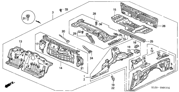 1996 Acura NSX Bracket, Right Rear Fender Diagram for 64413SL0300ZZ