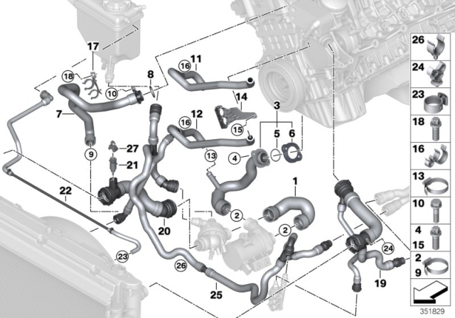 2007 BMW 530xi  Radiator Coolant Hose Diagram for 17127542208