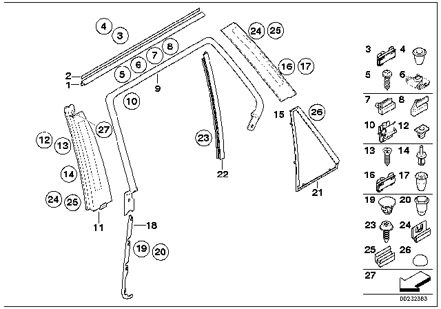 2001 BMW X5  Window Guide Web, Left Diagram for 51348257699