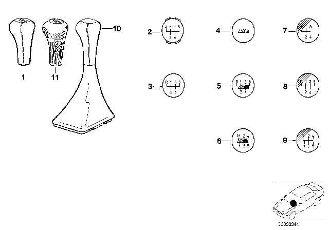 1991 BMW 325i Myrtle Wood 5 Speed Gear Shift Knob Diagram for 25111434497