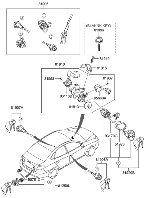 2012 Hyundai Elantra  Lock Key & Cylinder Set Diagram for 819052H200