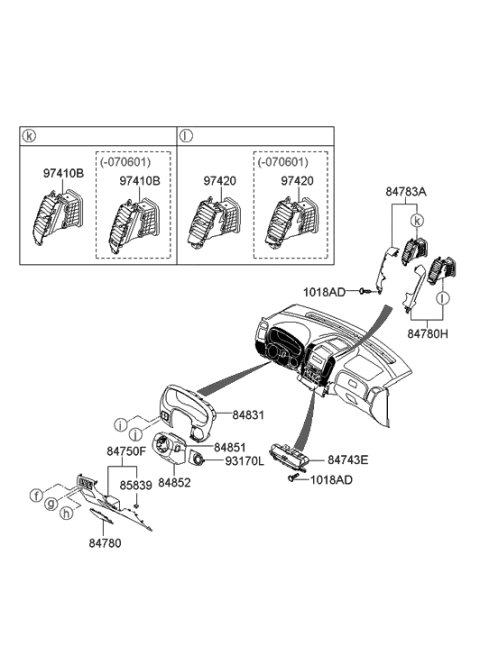 2012 Hyundai Tucson  Duct Assembly-Center Air Ventilator, LH Diagram for 974504D001