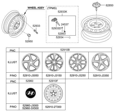 1994 Hyundai Scoupe  Aluminium Wheel Assembly Diagram for 52910J3050