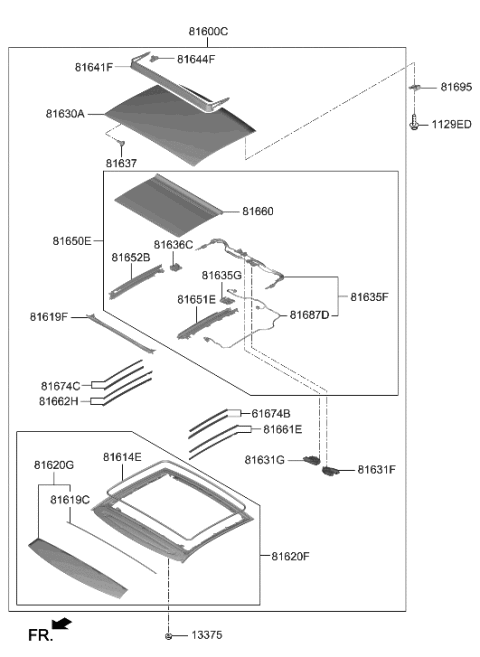 2019 Hyundai Ioniq  Panoramaroof Moving Glass Assembly Diagram for 81630J3000