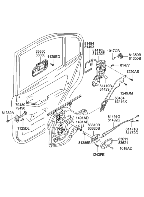2005 Hyundai Accent  Driver And Passenger Rear Inside Inner Black Door Handles Replacement Diagram for 836202D000AX