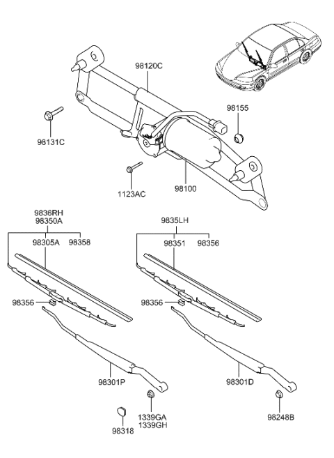 2005 Hyundai Accent  Windshield Wiper Blade Assembly Diagram for 9835028020