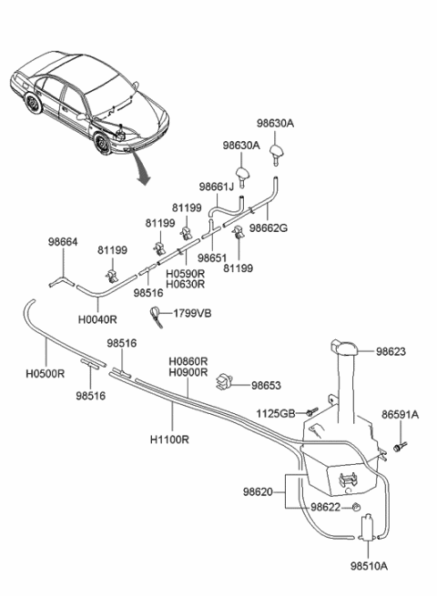 2011 Hyundai Elantra  Windshield Washer Motor & Pump Assembly Diagram for 9851026100