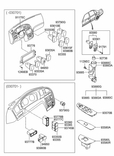 2000 Hyundai Accent  Rear Power Window Sub Switch Assembly, Left Diagram for 935802D000LT