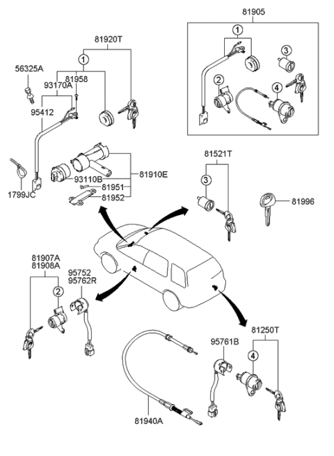 2020 Hyundai Kona  Lock Key & Cylinder Set Diagram for 8190526000