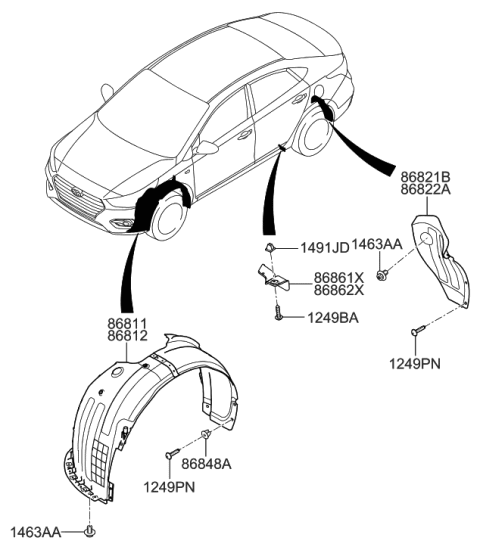 2022 Hyundai Santa Cruz  Front Wheel Guard Assembly, Right Diagram for 86812J0000