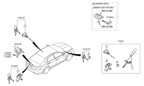 2002 Hyundai Sonata Lock Key & Cylinder Set Diagram for 819053V540