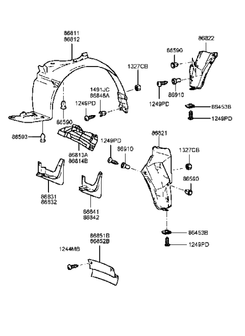 1993 Hyundai Excel  Front Wheel Mud Guard Assembly, Right Diagram for 8683238000