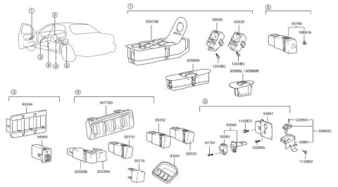 1990 Hyundai Excel  Power Window Main Switch Assembly Diagram for 9357038150LT