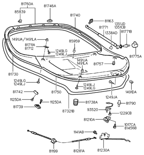 2007 Hyundai Santa Fe  Clip-Hood Latch Diagram for 8119933000