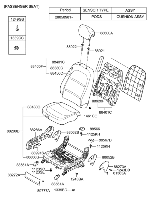 1997 Hyundai Sonata  Front Passenge Side Seat Cushion Covering Diagram for 882803L650A9V