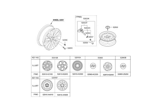2018 Hyundai Kona  Steel Wheel Assembly Diagram for 52910K2000