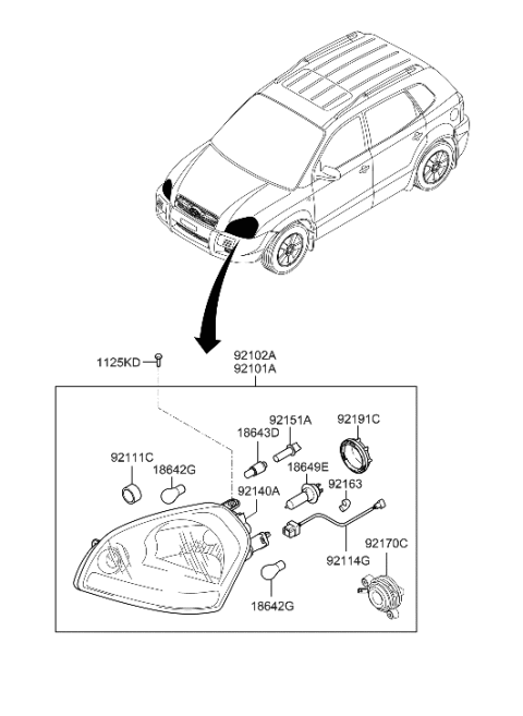 2021 Hyundai Genesis G70  Passenger Side Headlight Assembly Composite Diagram for 921022E050