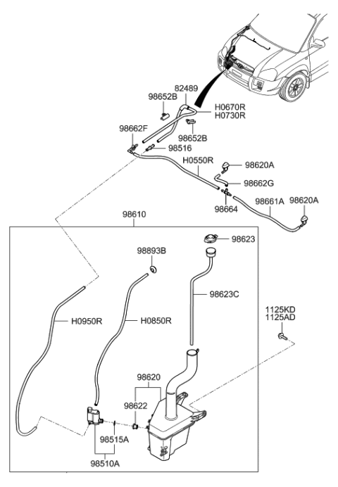 2021 Hyundai Kona Windshield Washer Motor & Pump Assembly Diagram for 985102C100