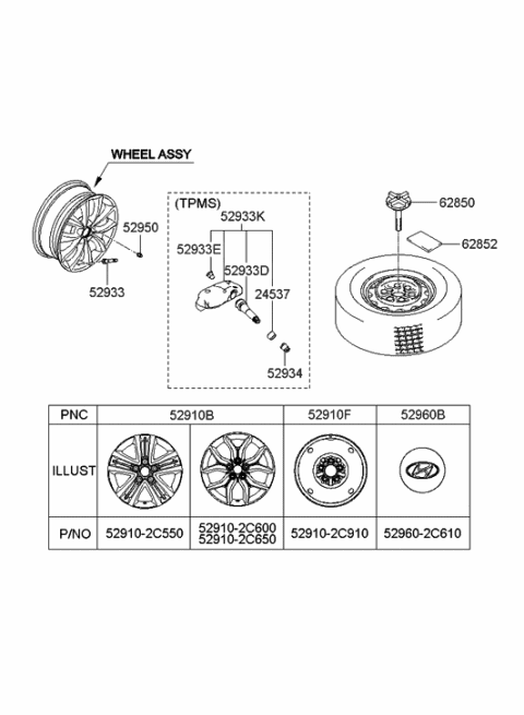 2016 Hyundai Santa Fe Wheel Cap Assembly Diagram for 529102C910