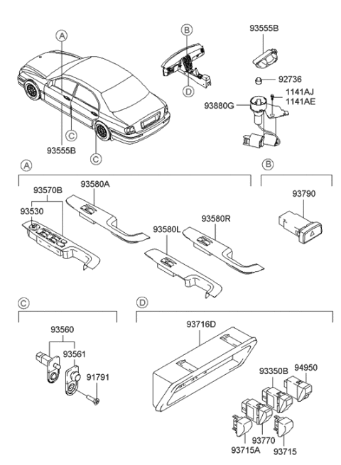 1992 Hyundai Excel  Rear Power Window Sub Switch Assembly, Left Diagram for 935803D100NU