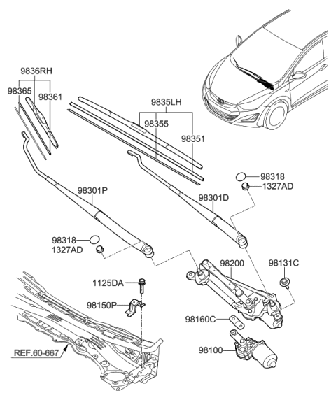 1996 Hyundai Accent Windshield Wiper Arm Assembly(Passenger) Diagram for 983203X500