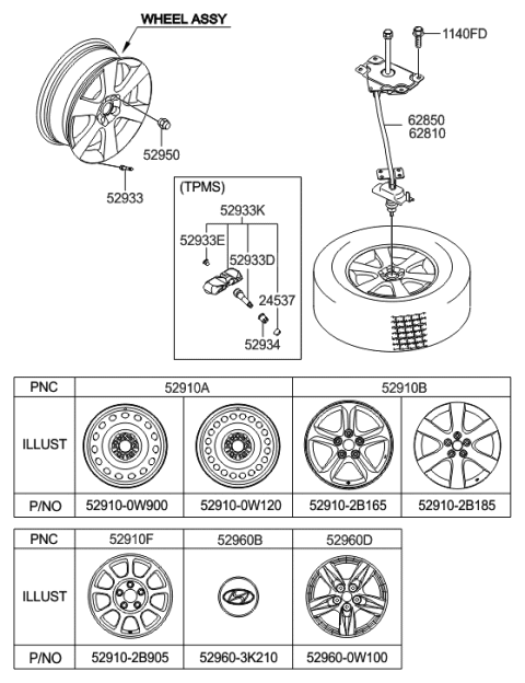 2009 Hyundai Sonata  Wheel Cap Assembly Diagram for 529102B905
