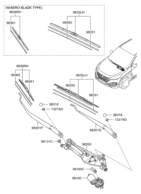 2021 Hyundai Tucson Windshield Wiper Arm Assembly(Passenger) Diagram for 98321D3000