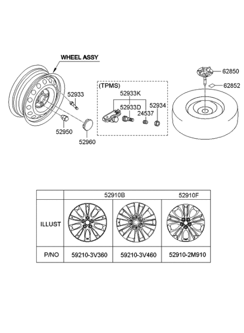 2000 Hyundai Sonata  Aluminium Wheel Assembly Diagram for 529103V360