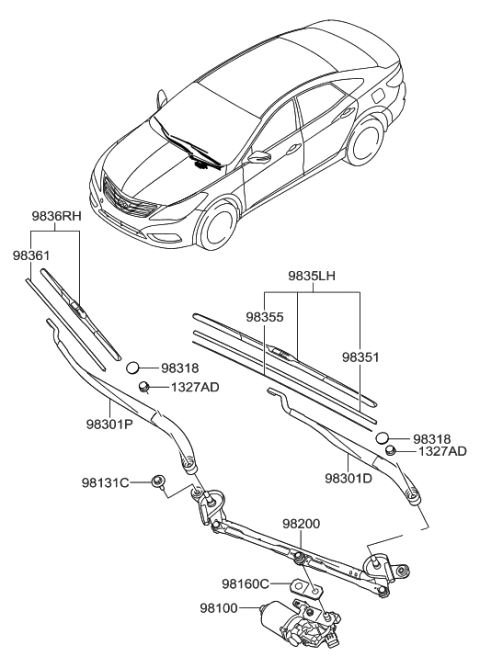 2001 Hyundai Sonata Blade Assembly Wiper Passenger Seat Diagram for 983603V000