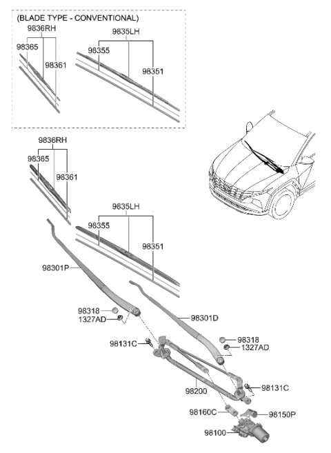 2003 Hyundai Elantra BLADE ASSY-WIPER, PASSEGER Diagram for 98360Q8900