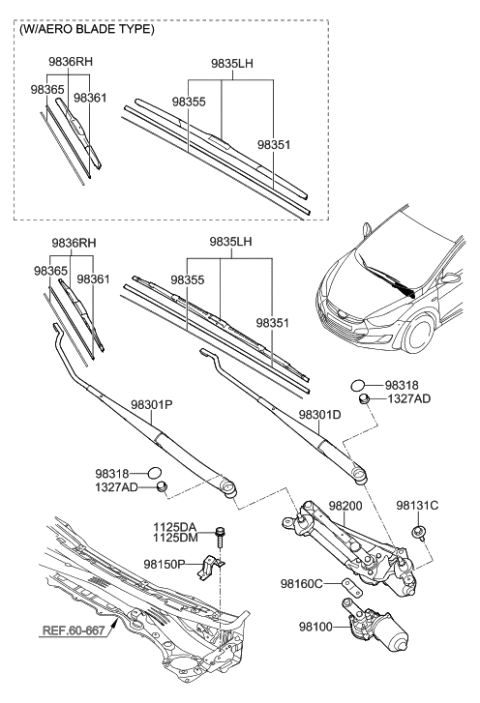 2015 Hyundai Elantra  Windshield Wiper Blade Right Diagram for 983603X100