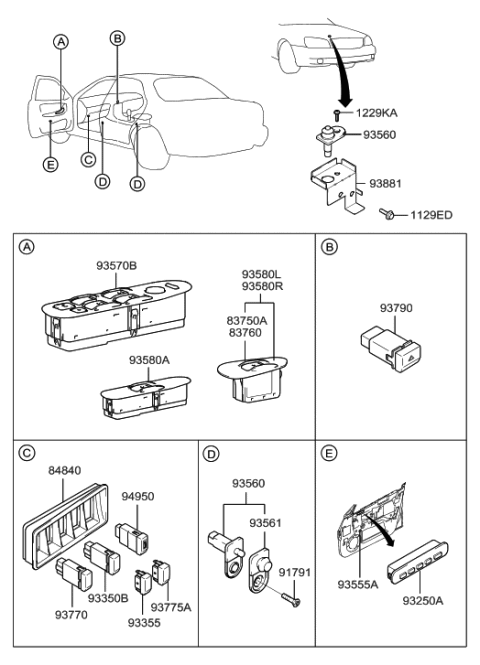 2023 Hyundai Elantra  Rear Power Window Sub Switch Assembly, Left Diagram for 9358039101OY