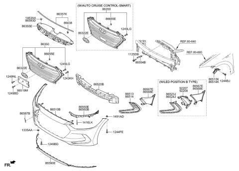 2002 Hyundai Tiburon Front Bumper Grille License Plate Moulding Diagram for 86519F2010
