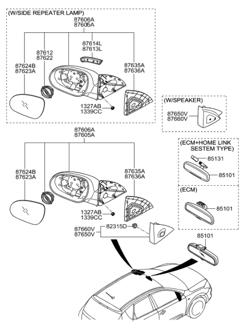 2009 Hyundai Tucson Mirror Assembly-Rear View Inside Diagram for 8510127000