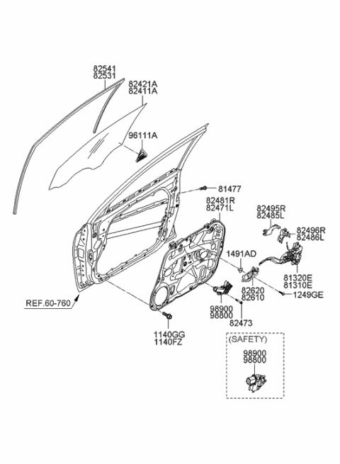 2009 Hyundai Tucson  Glass-Front Door Window, RH Diagram for 824212L210