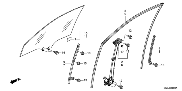 2008 Honda CR-V  Glass Assy., R. FR. Door (Green)(Agc) Diagram for 73300SWAA00