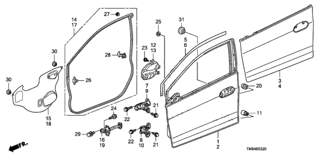 2011 Honda Insight  Weatherstrip, R. FR. Door Diagram for 72310TM8A01