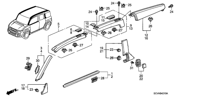 2007 Honda Element  Clip B, FR. Side Garnish Diagram for 91519SCVA01