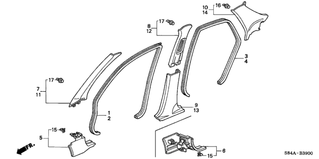 2002 Honda Accord Garnish Assy., R. RR. Pillar *B96L* (LIGHT LAPIS) Diagram for 84131S84A02ZA