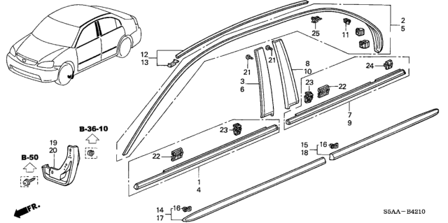 2004 Honda Civic Clip, RR. Door Molding End Diagram for 91503S5DA01