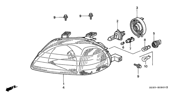 2000 Honda Civic Headlight Unit, Passenger Side Diagram for 33101S01A02