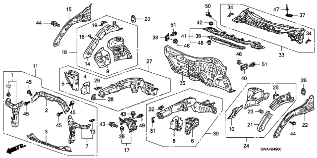 2008 Honda CR-V  Separator, L. FR. Wheelhouse Member (Upper) Diagram for 60759SWAA01