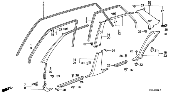 1987 Honda Accord  Lining, R. Cowl Side *R53L* (PALMY RED) Diagram for 83111SE3A00ZC