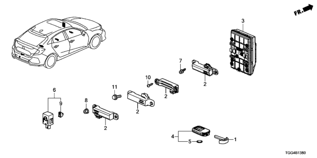 2017 Honda Civic Fob Assembly, Entry Key Diagram for 72147TGGA21
