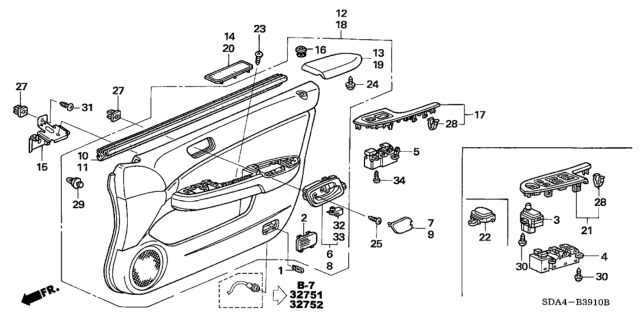 2006 Honda Accord Switch Assembly, Power Window Sub& Door Lock Diagram for 35760SDAA21