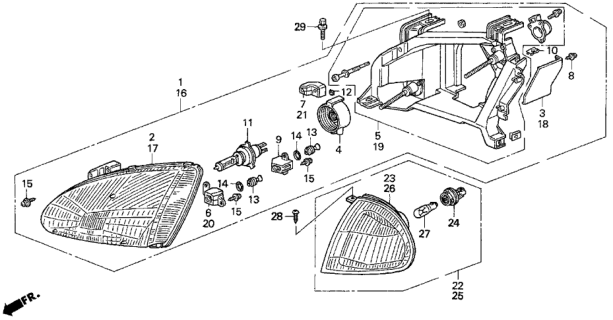1993 Honda Del Sol Headlight Unit, Driver Side Diagram for 33151SR2A01