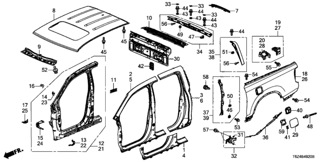2018 Honda Ridgeline  Panel Comp, Roof Diagram for 62100T6ZA01ZZ